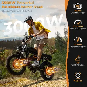 T73 Pro Max Moped Style Electric Bike,3000W Dual Motor,37.5Mph Max Speed,48V41.6Ah Large Battery E-Bike,5-Speed Gear,20'' Fat Tire for Commute/Country/Snow Riding.