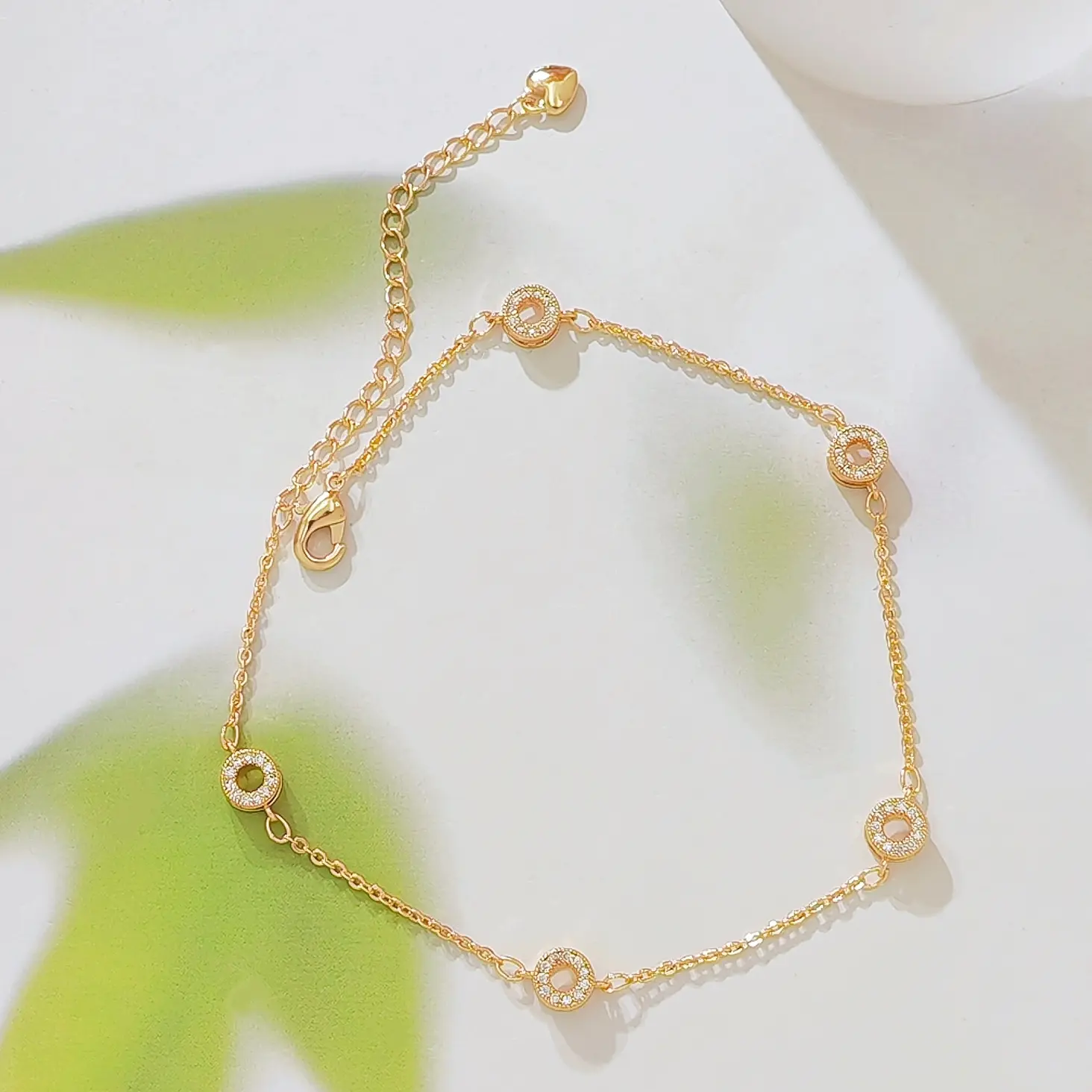 Women Elegant 14K Gold Plated Cubic Zirconia Circle Ankle Bracelet, Dainty Station Chain Adjustable Anklet, Wedding Daily Wear Foot Jewelry Gift for Her