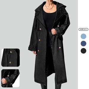 Imily Bela Women's Simple Elegance Floral Oversized Long Double-Breasted Button-Down Classic Lapel Denim Outercoat, Womenswear Jean Coat