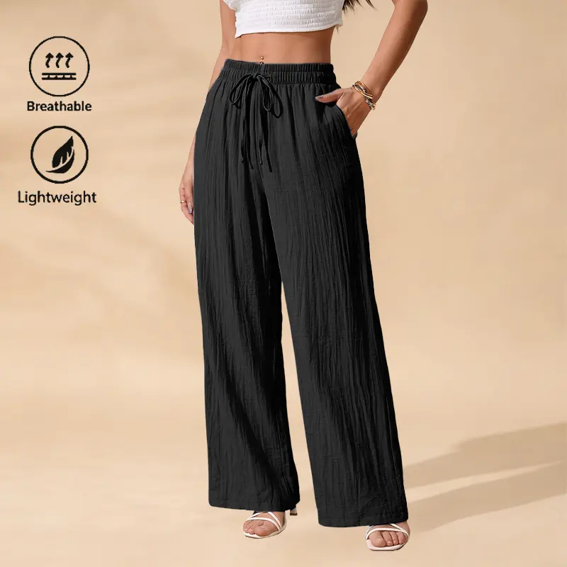 Women’s Summer Wide-Leg Casual Pants - Elegant Solid-Color Single Pack, Elastic Waist with Drawstring Tie, Side Seams, Patch Pockets, Straight-Cut Floor-Length, Multi-Size, All Seasons for Holiday Outings, Everyday Wear, Basic