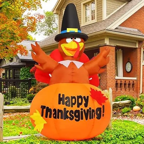 6 Ft Height Thanksgiving Inflatables Outdoor Turkeys Standing in The Pumpkin, Blow Up Yard Decoration Clearance with Build-in LED Lights for Party/Indoor/Lawn/Holiday/Garden Display