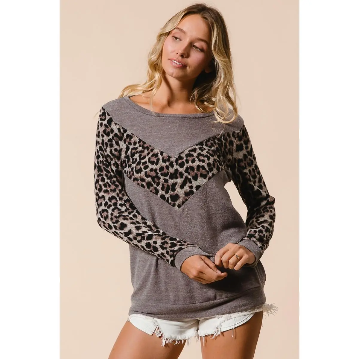 BiBi Sweater Knit Top With Leopard V Shape Block