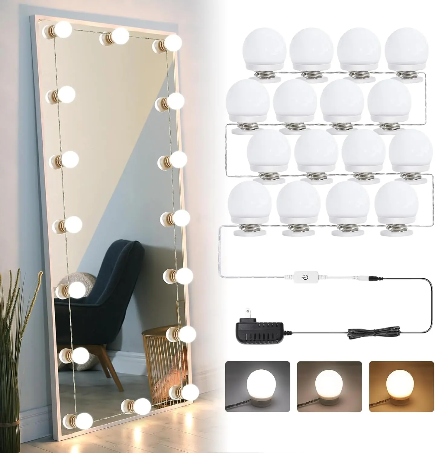 LED Light Vanity for Mirror - 16 LED Lights, CCT Adjustable, Dimmable via Touch Dimmer, 12V Adapter Plug-in, Self-Adhesive Tape Mount for Makeup Dressing Room (Mirror Not Included, Ideal for Makeup Artists), Stick-On