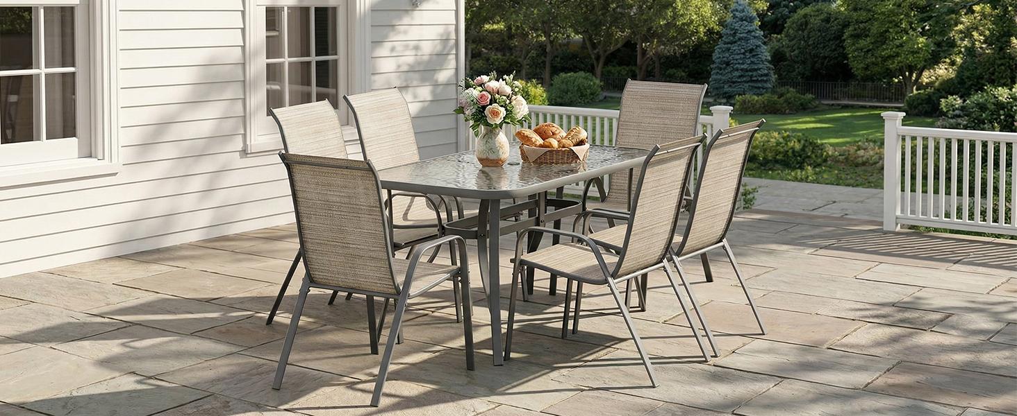 Arlopu 7 Pieces Patio Dining Set, Outdoor Table and Chairs W/1.69″ Umbrella Hole, 30"X 55" Table and Stackable Textilene Chair, All Weather Patio Furniture Set (Umbrella not Included)