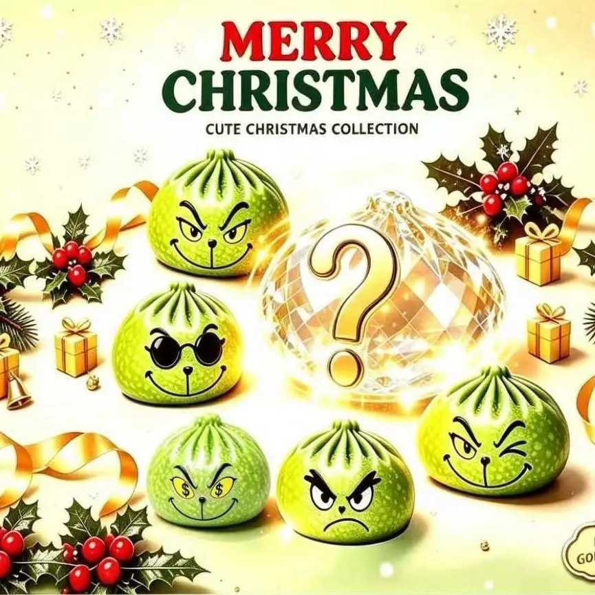 Green Grumpy Dumpling Squishy Mystery Blind Box, Cute Christmas Character Stress Relief Squeeze Toy, Holiday Fidget Gift