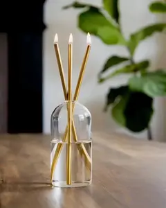 Infinite Flames Co. Refillable Candle Set - Gold Finish 3 Sticks & Clear Glass Vase Odorless Oil Included Modern Decor