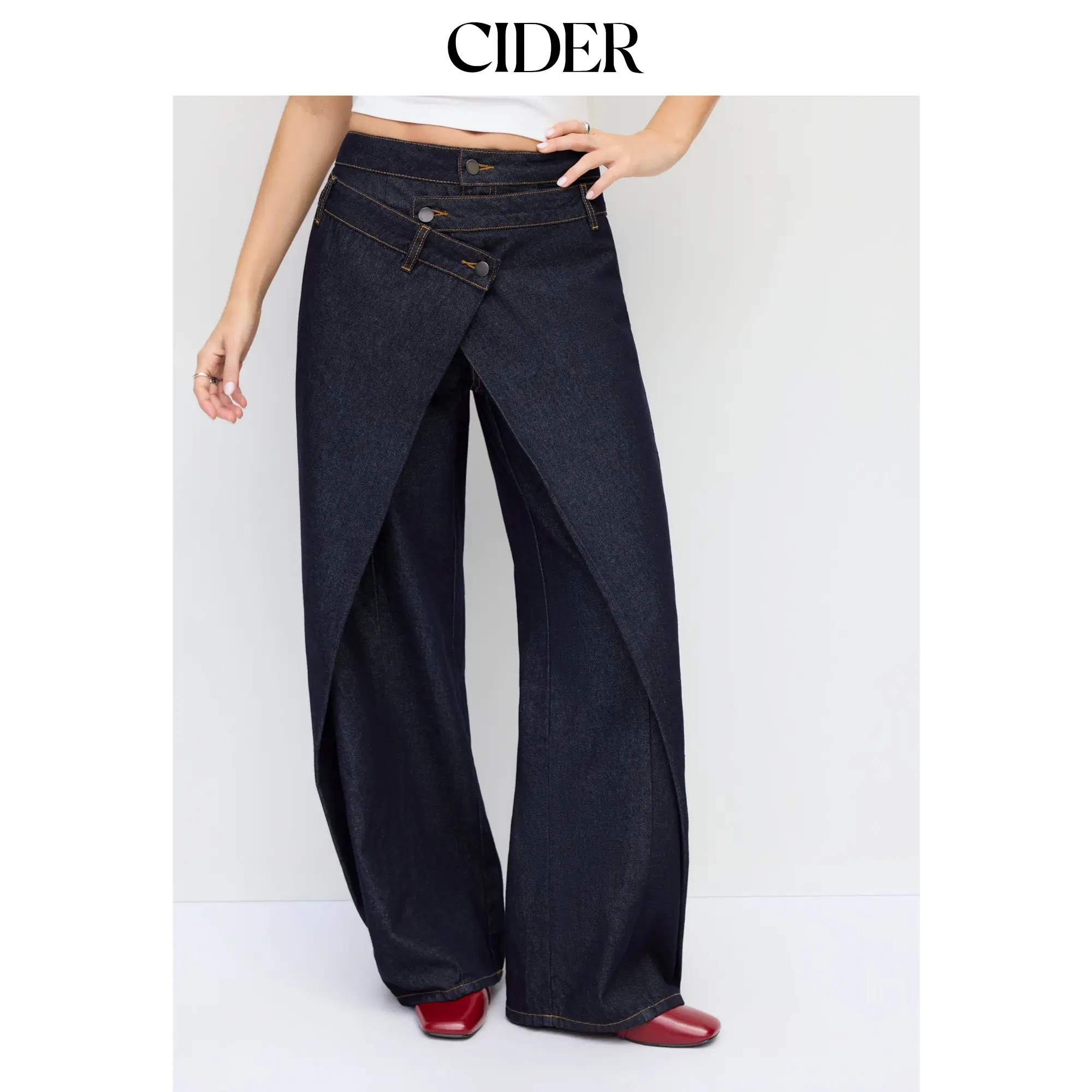 Cider Women's Mid-Rise Asymmetric Wide-Leg Denim Bottoms - Regular Fit, Metal Detail, Washed Look Jeans, Wide-Leg Jeans