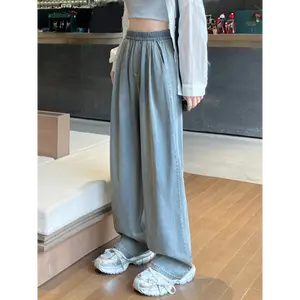 Women's High-Waist Light Blue Lyocell Blend Spandex Denim Trousers - Retro Vintage, Slimming, Casual Fit, Multiple Leg Cuts (Flared, Skinny Straight, Baggy, Wide), Fabric Bottoms for Spring, Fall, Trouser