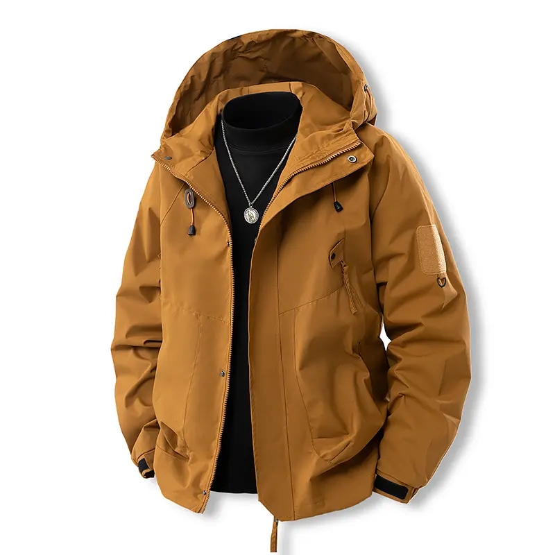 Men’s Plain Long Sleeve Functional Workwear Jacket - Menswear Tops Coats, Outdoor Hiking Hooded Hardshell with Multiple Pockets, Loose Casual Design