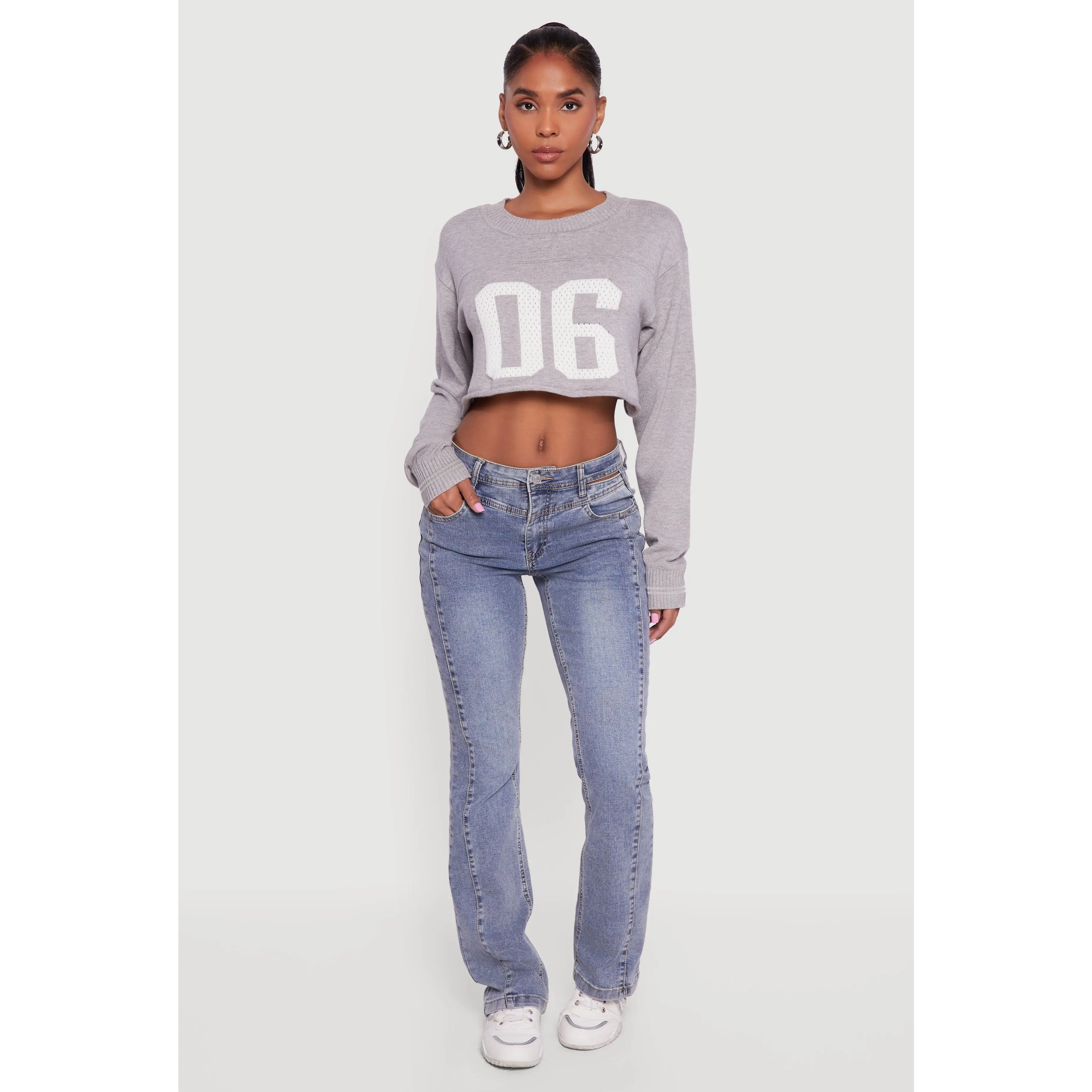 06 Graphic Varsity Stripe Detail Cropped Sweater