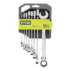 RYOBI 8 Pc. SAE Ratcheting Combination Wrench Set, 72 Tooth Ratchet, Chrome Finish