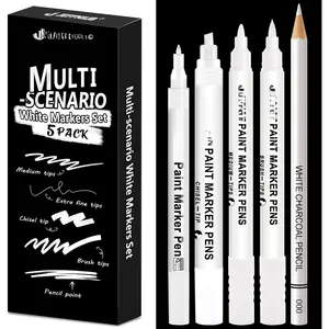 White Marker Pen for Art 5 count, White Highlighter Pen Set with Brush Pen, Fineliner, Pencils,   Pens for Black Paper Writing, Drawing