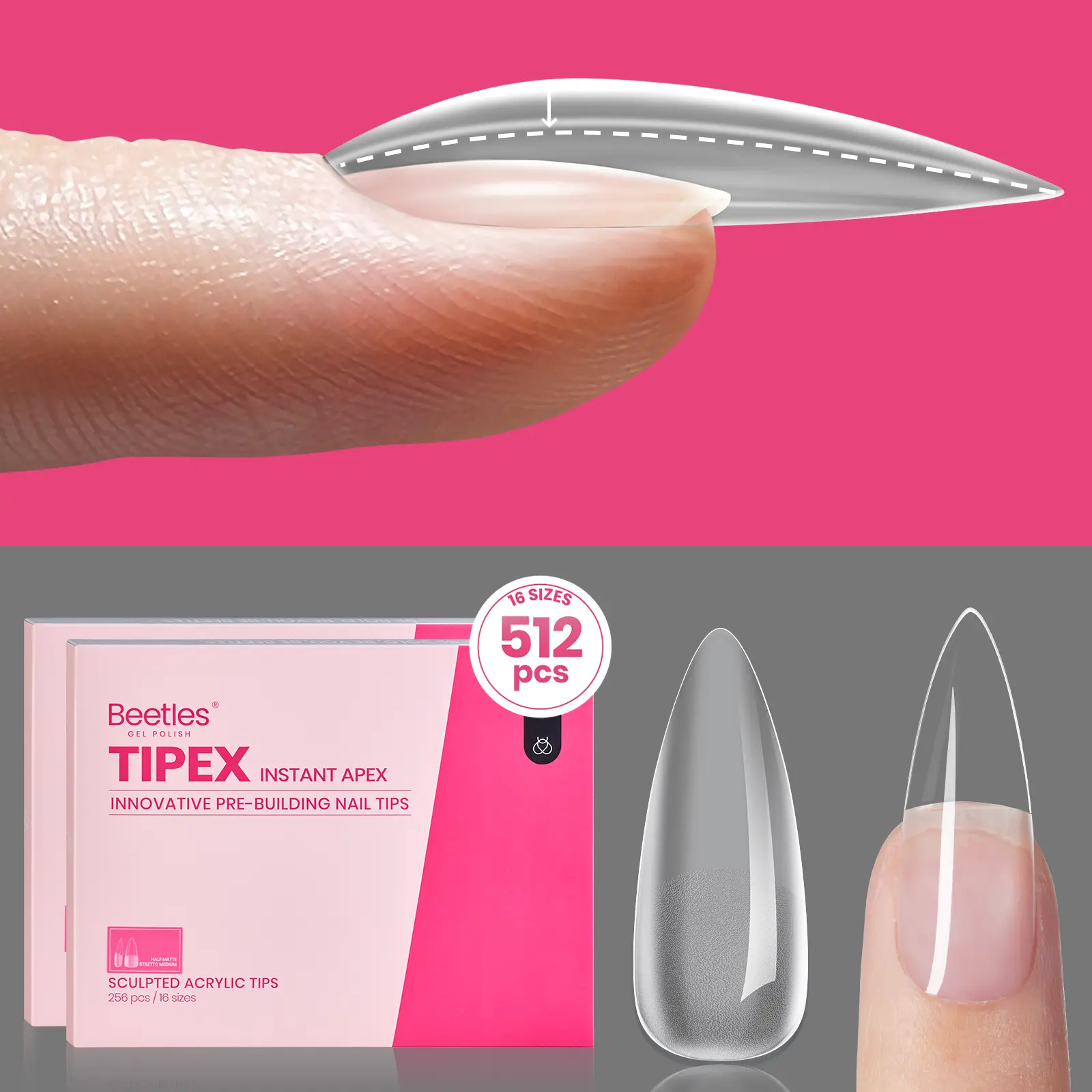 512 Pcs Half Matte Stiletto Medium（NO GLUE&Lamp）