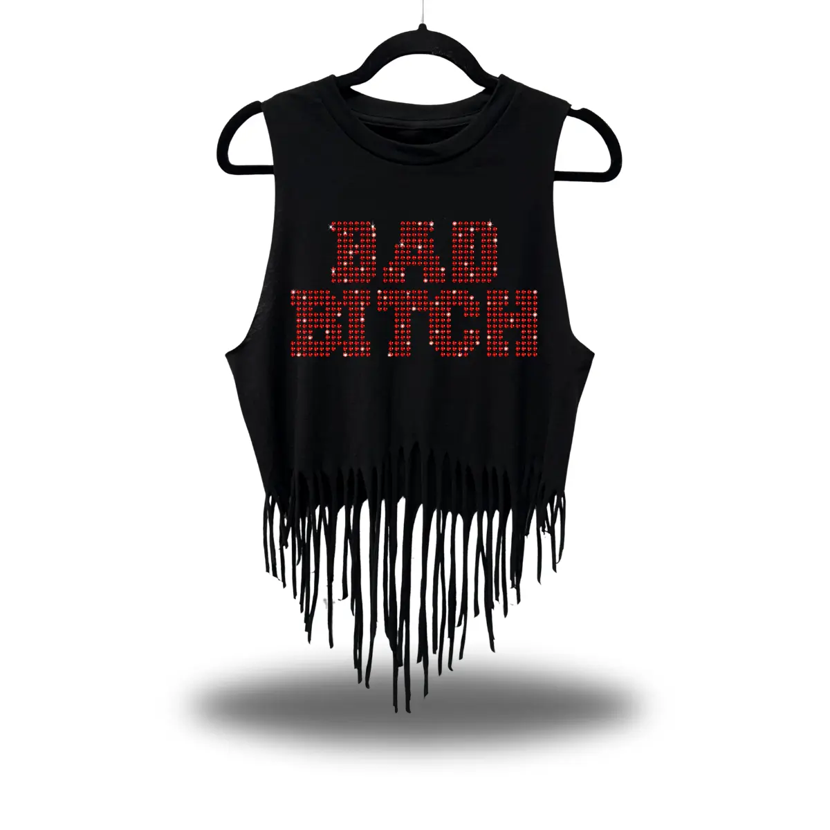 Bad B*tch Red Rhinestones Western Fringe Crop Tank Top Black Rhinestone Graphic Tank - Unisex Ring-Spun Cotton Shirt, Red Glass Rhinestone Detail, Hand Cut Fringe Streetwear Top