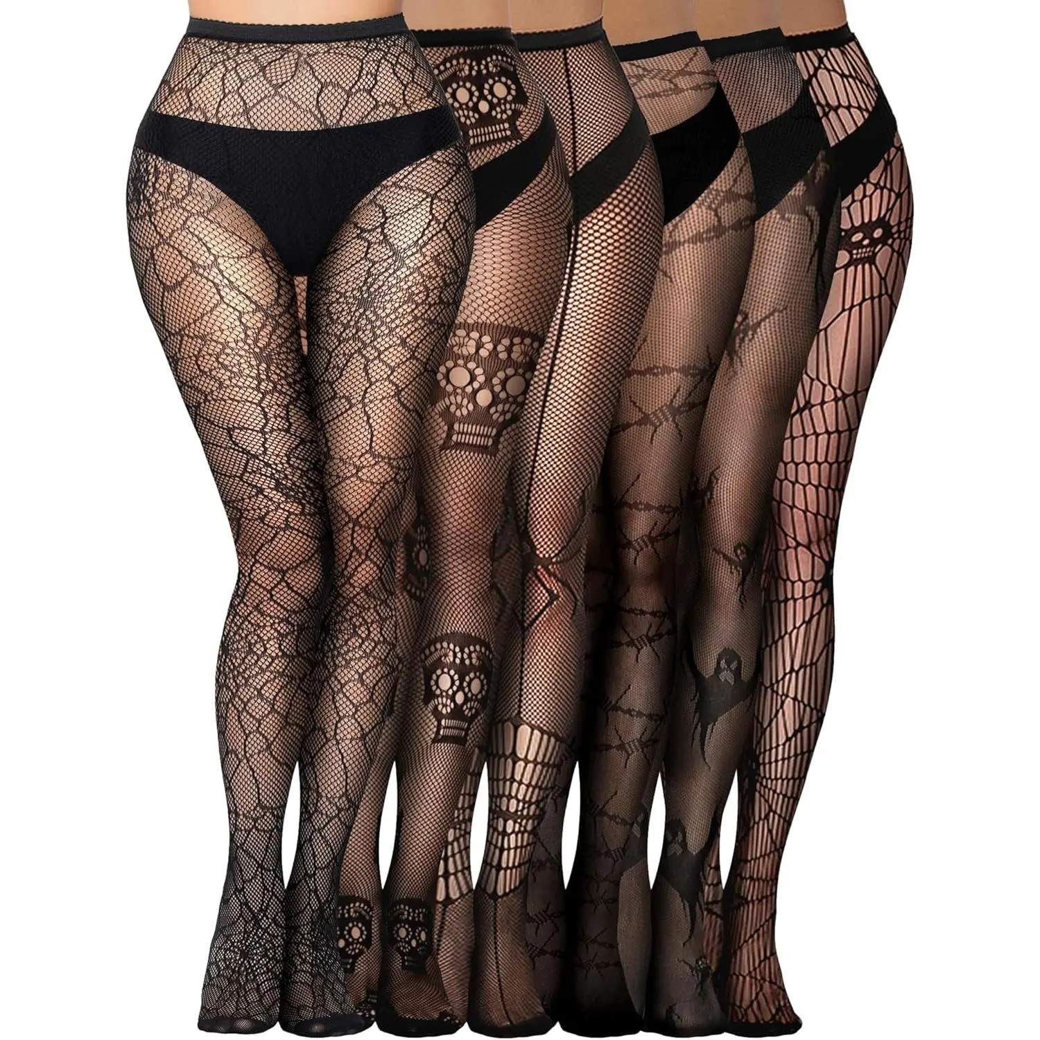 Women's High-Waist Floral Patterned Fishnet Tights - Black Lace Pantyhose for Gothic Witch Halloween Parties - Summerwins