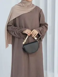 Women's Solid Color Tie Cuff, Elegant Long Sleeve Abaya for Daily Wear, Women's Islamic Clothing for Spring & Fall, Modesty Muslim Clothing