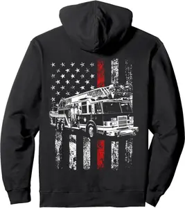 Fire Truck Graphic Hoodie with Grunge American Flag and Thin Red Line – Tribute Design for Firefighter Supporters and Daily Wear