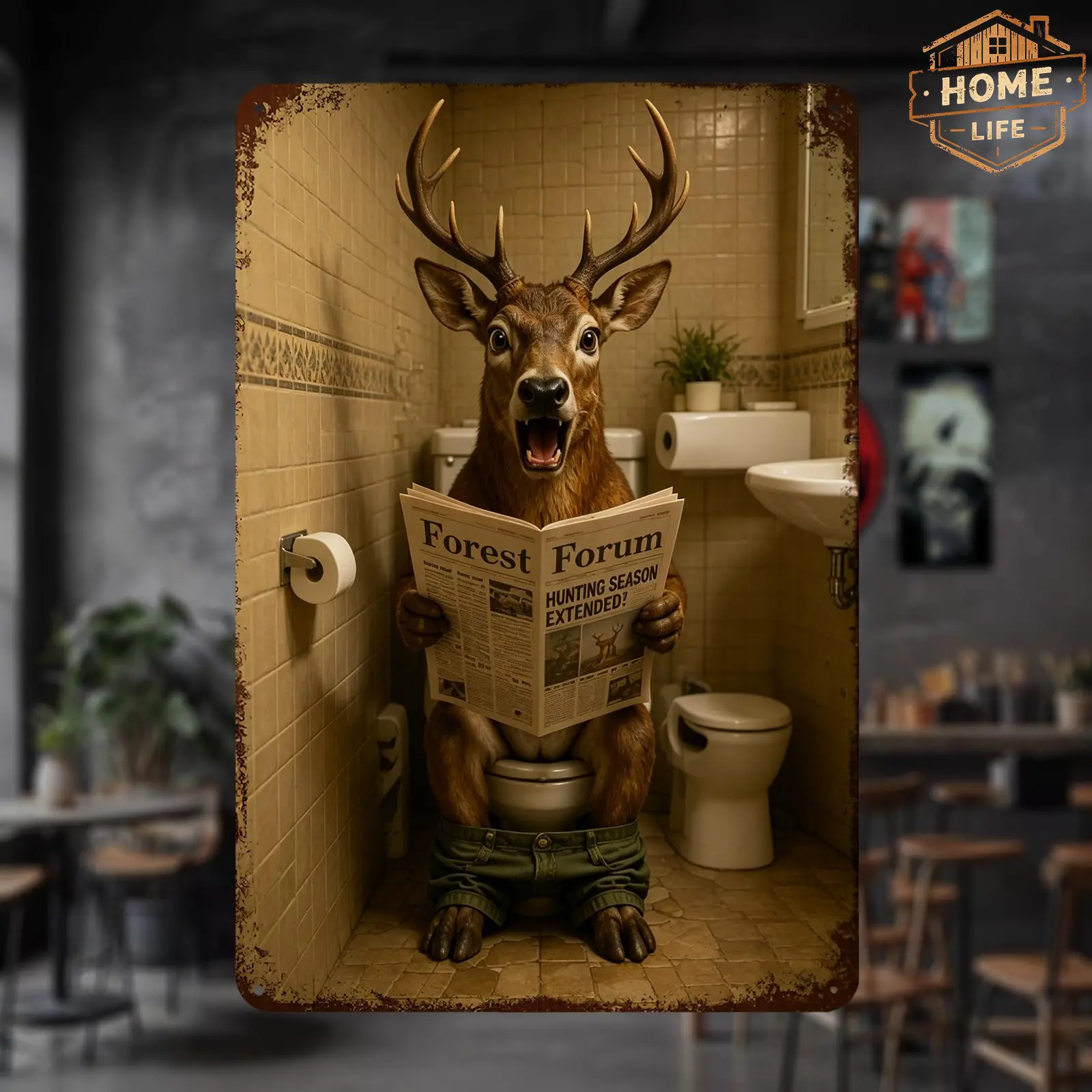 Funny Animals Sitting on Toilet Reading Newspaper Vintage Aluminum Tin Sign, 8x12 Inch Retro Distressed Metal Wall Art, Novelty Bathroom Toilet Wall Decor Pre-Drilled Holes, Reindeer read the newspaper