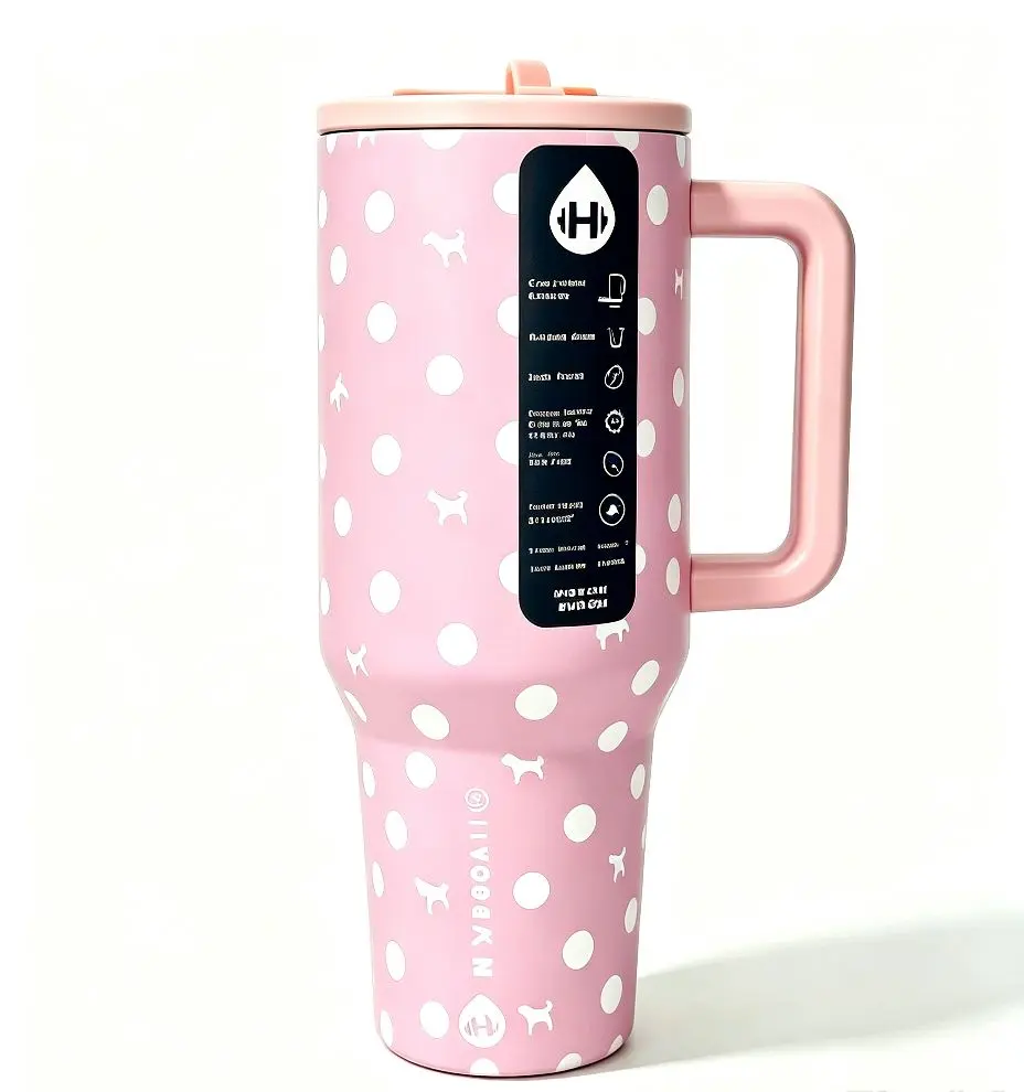 Hydrojug 40oz Pink Polka Dot Puppy Travel Mug Drinkware Flask,Stainless Steel Double Wall Insulated Tumbler with Handle, 2-in-1 Straw Lid, Leak-Resistant, Anti-Slip, 24hr Cold Retention, Cute Pet Lover stylish Cup for Gym, Flasks Reusable portable bottles