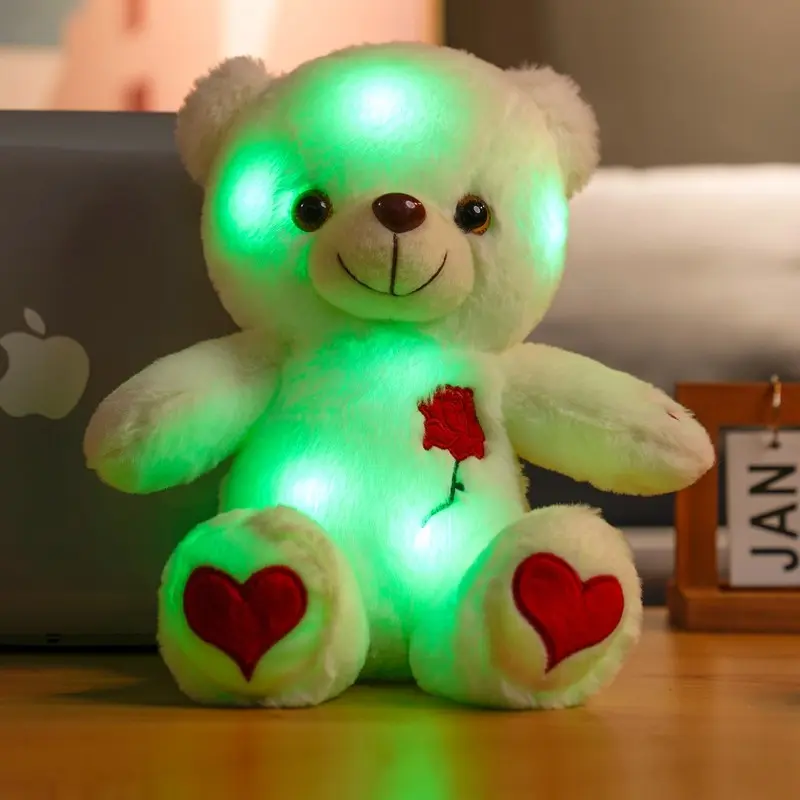 Glow-in-Dark Teddy Bear Plush Light-Up LED Teddy Bear Plush Toy with Heart and Rose Lights - Soft and Cuddly Plush Animal with Expressive Eyes, Warm White and Colorful Lights Valentine's Day, Birthday, Anniversary Gift for Kids and Adults (White/Red) - He