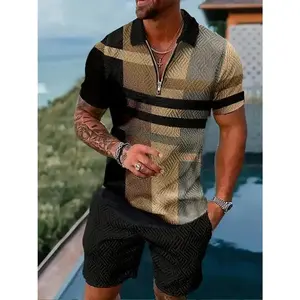 Zipper POLO Shirt Shorts Set Summer Fashion Casual Men's Sports Set 3D Printed Simple Style Lapel Zipper POLO Shirt 2 Sets Clothes Menswear Tropical Gamis