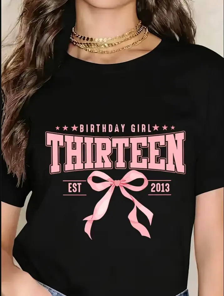 13Th Birthday Girl "THIRTEEN" Letter Print T-Shirt, Summer New Girls' Round Neck Knit Short Sleeve, Comfortable And Durable Comfortable Loose Top, American Retro Outdoor Sports Casual Pullover, Cute Pretty Good Regular Fit Short Sleeve, For Teenager
