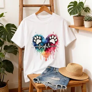 Women's Oversized Graphic Tees - Rainbow Tie Dye Heart Paw Print | Dog Lover Trendy T-Shirt