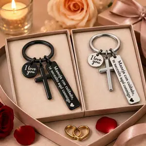 Stainless Steel Spanish Drive Safe Keychain with Cross, "I Love You" Charm & "Maneja Con Cuidado Te Necesito Aquí Conmigo" Message, Romantic Religious Gift for Him (Father's Day, Boyfriend Birthday, Anniversary) & GF Gift, Father's Day Gifts