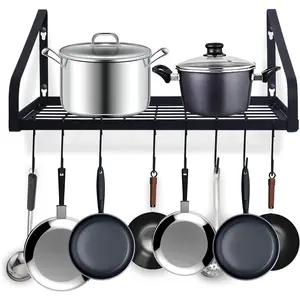 1/2 tiers Pot and Pan Hanger, Wall Mounted Pots and Pan Hanging Rack with 8 Hooks for Kitchen Cookware Utensils 2 DIY Methods Black Steel Hanging Pot Rack, storage holders & racks