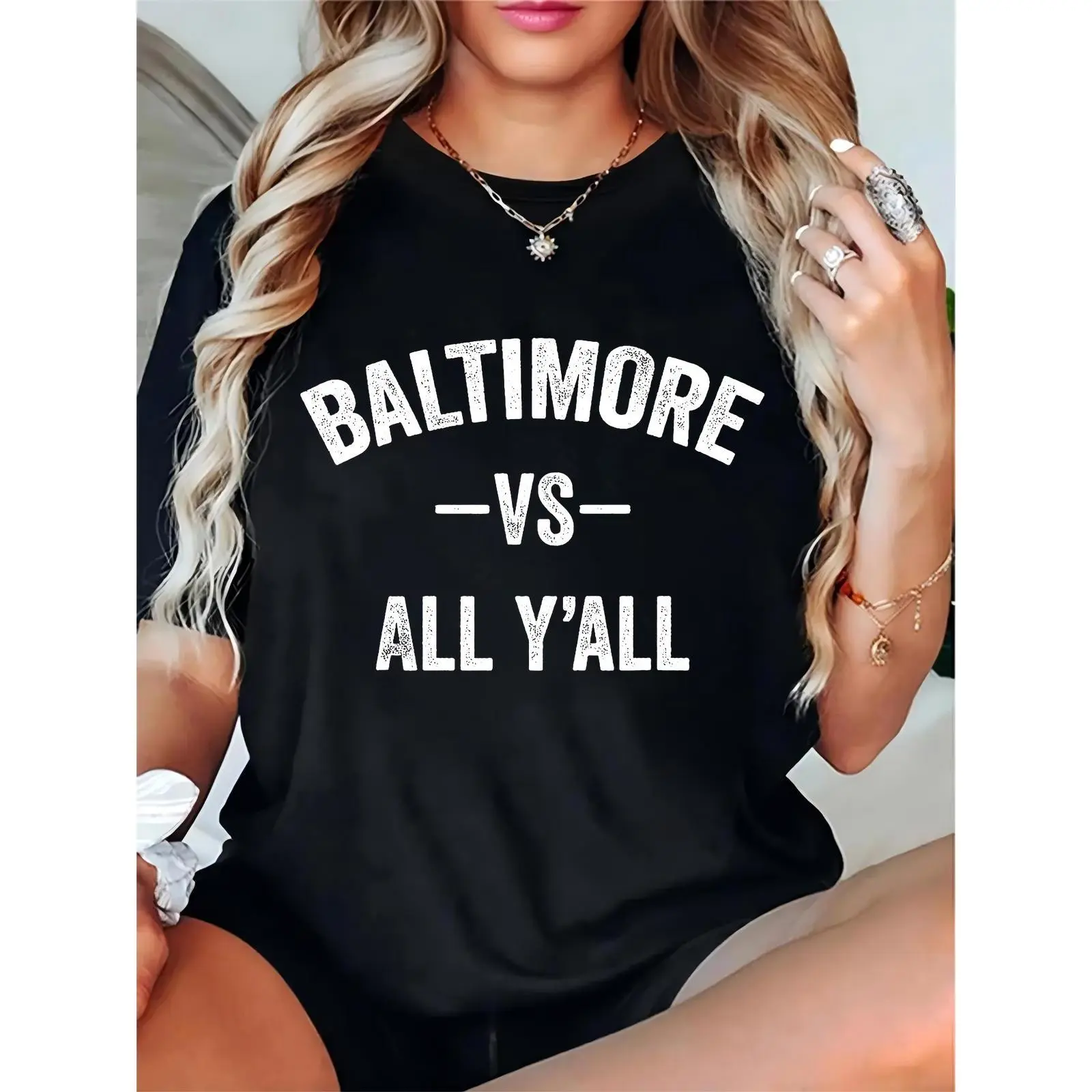 Women's Vintage Graphic T-Shirt, Baltimore vs All Y'all Print, Comfortable 100% Cotton Short Sleeve Top for Game Day & Daily Wear, Prints, Basic, Feminine, Elegant, Ladies, Round Neck, Essential, Simple, Breathable, Graphic Print