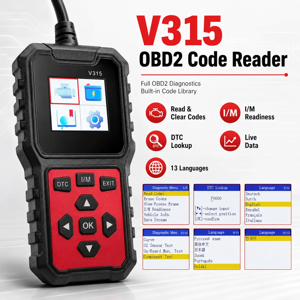 V315 OBD2 Code Reader for Cars, Engine Diagnostic Scanner with Code Reading & Clearing, DTC Lookup, Live Data and I/M Readiness