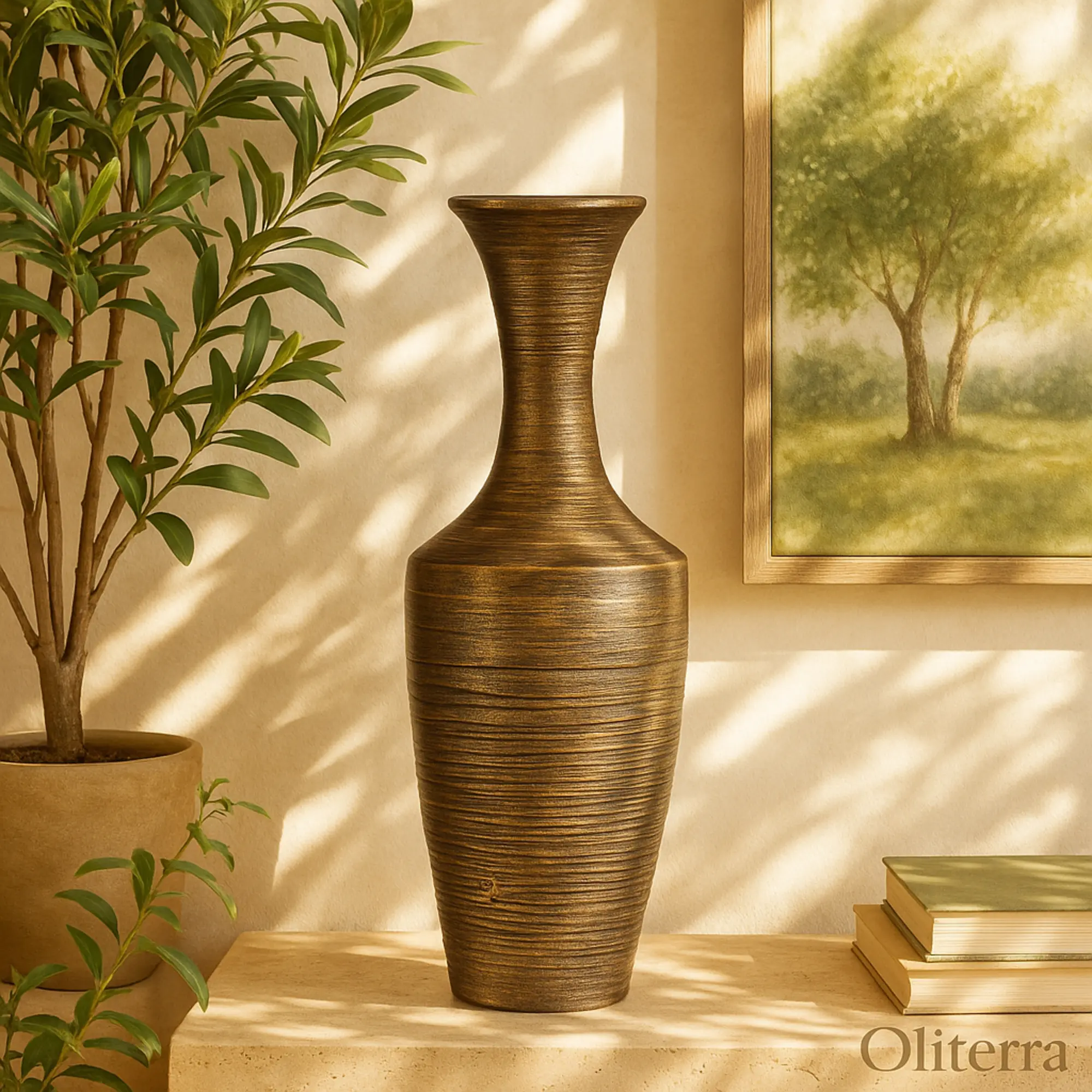 Dark Brown Polished Finish Bamboo Wood Tall Floor Vase, Traditional Home Decoration for Table Centerpiece with Lacquer, Felt