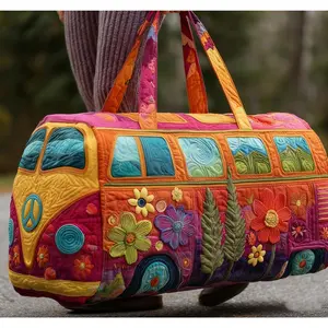 Boho Hippie Quilted VW Bus Duffle Bag – Unisex Weekender Travel Bag, Colorful Floral Handmade Overnight Bag, Lightweight Carry-On Luggage for Beach, Gym, Camping, Mother’s Day Gift, Summer Vibes