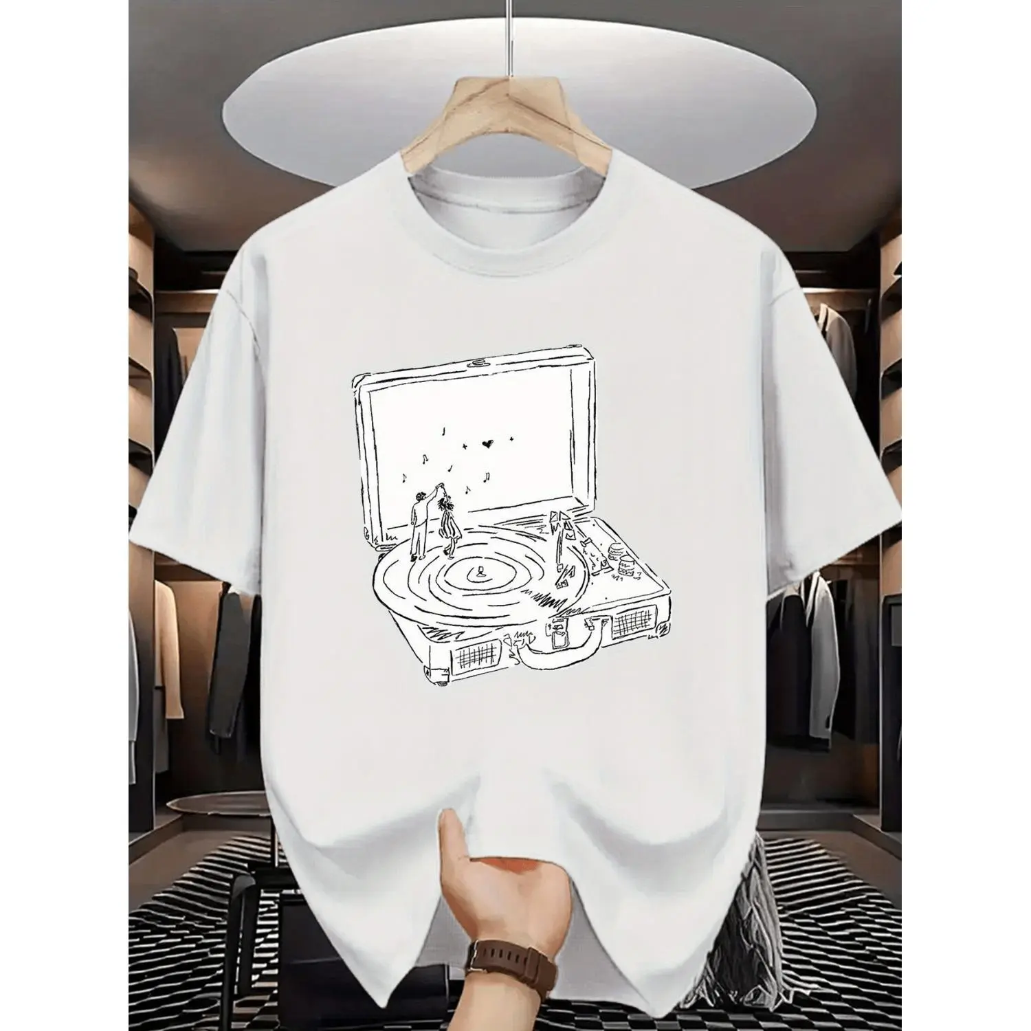 Men'S Retro Vinyl Record Print T-Shirt - Black Casual Crew Neck Tee with Vintage Turntable Design, Soft Polyester Fabric, Perfect for Music Lovers & Summer Wear, Music T Shirts
