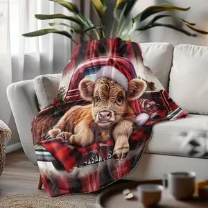 Soft Funny Throw Blanket Red Christmas Truck and Cow Throw Blanket, Reversible Flannel Printed Cattle Plaid Sofa Bed Air Conditioning Cover with Super Soft Warmth for Ideal Animal Harvest Gift & Home Decor