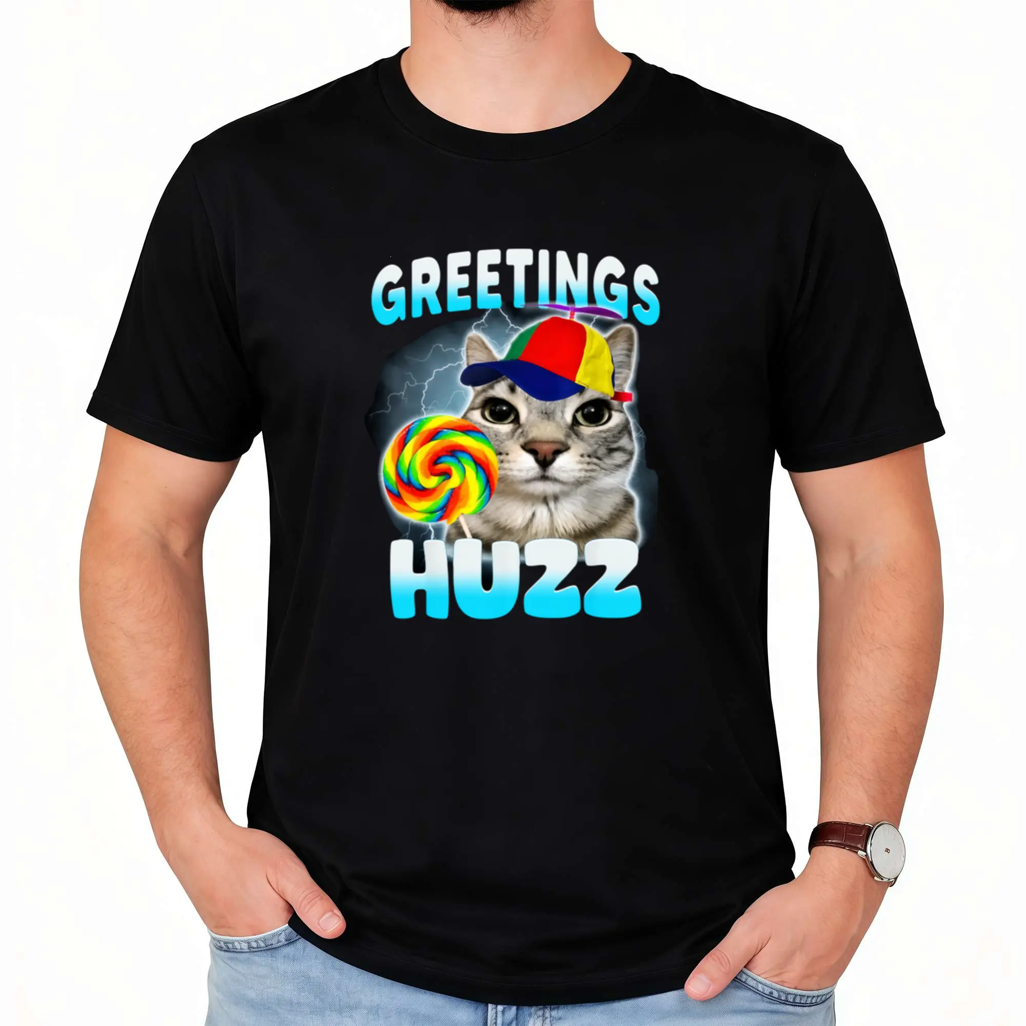 Men's Cotton Short-Sleeve Classic Menswear T-Shirt with Collar, Playful "Where The Huzz At" Cat Meme Design, Comfy Streetwear Basic Tee for Cat Lovers