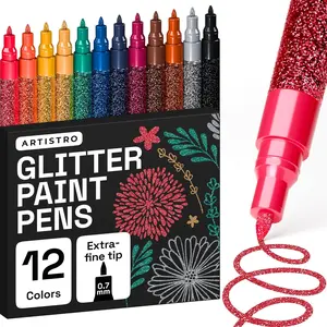 12 Glitter Paint Pens for Glass Marking, Rock Painting, Ceramic, Wood, Fabric, Scrapbooking, DIY Craft Making, Coloring - Acrylic Paint Markers Extra-Fine Tip 0.7mm