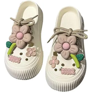 2025 Women's Platform Slide Sandals with Bow and Flower Charms, Cavernous Upper