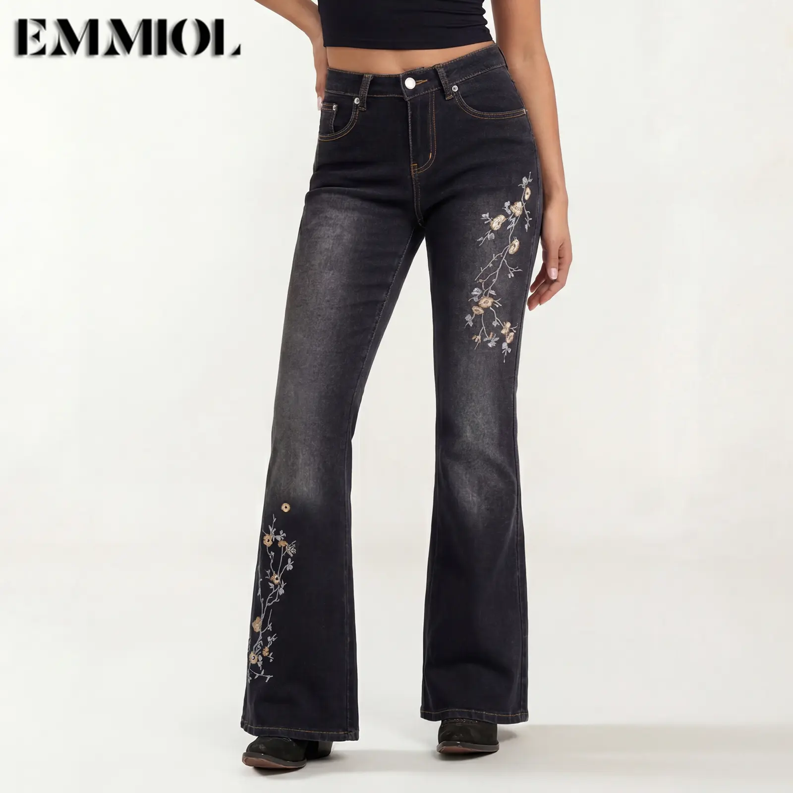 EMMIOL【Back to School】Women Mid Low Rise Bell Bottom Jeans Stretchy Flare Denim Pants Embroidery Vintage Y2K 90s Streetwear EMMIOL【Back to School】Women Mid Low Rise Bell Bottom Jeans Stretchy Flare Denim Pants Embroidery Vintage Y2K 90s Streetwear