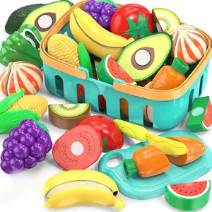 Cutting Play Food Toys For Kids, Pretend Play Kitchen Accessories, Fake Fruits/Vegetables Set With Shopping Storage Basket, Plastic Board And Knife, Birthday Gifts/Educational Toy For Toddler Children