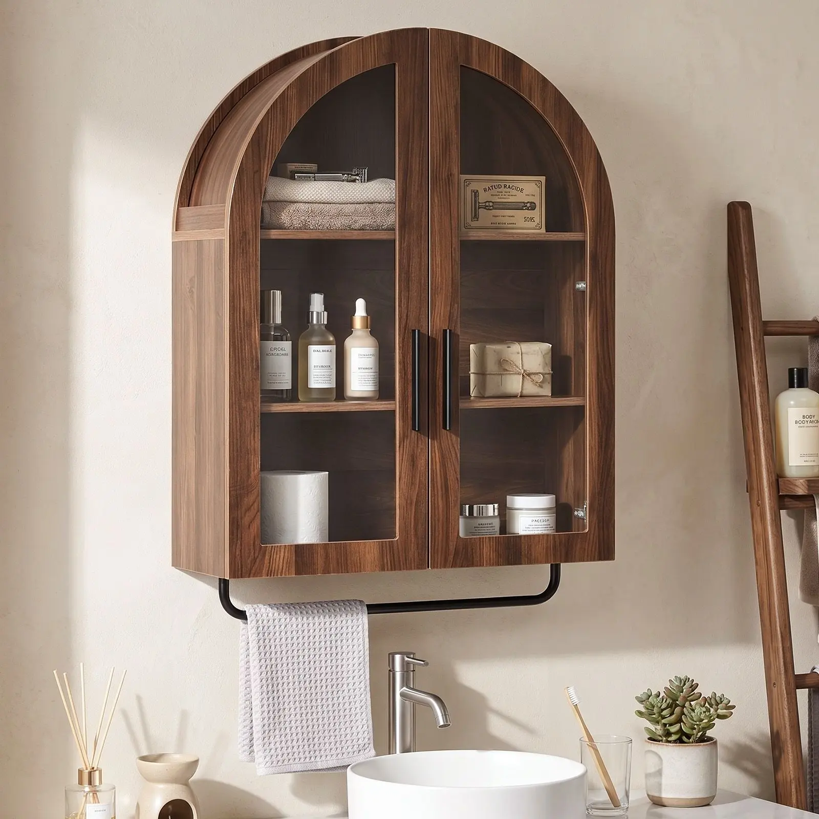 Arched Ceiling 2 Glass Doors 3 Shelves Bathroom Vanity MDF Melamine-Faced Bathroom Vanity with Towel Bar 23.62*9.45*31.5in Walnut