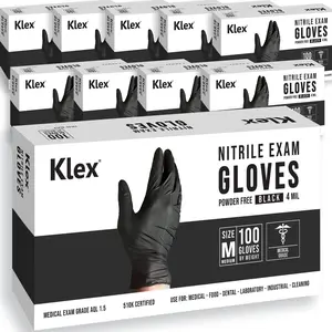 Klex Nitrile Exam Gloves - Medical, Powder & Latex Free, Food Safe, Black, 100, 1000 Count, S, M, L, XL
