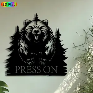 1pc Roaring Bear with Pine Trees Metal Wall Art, "Press On" Inspirational Statue Mural, Intricate Craftsmanship, Iron Craft, Perfect for Fathers Day, Housewarming Decor, Perfect for Lodge Office Garden Fence Decor, Ideal Gift for Wildlife Enthusiasts.