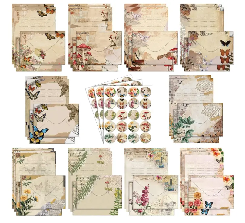 160 Pcs Stationery Paper Set 50 Double Sided Stationery Papers with 50 Matching Envelopes and 60 Round Dot Sticker, 10 Design(Nature Vintage Style,5.5 x 8.25 Inch)