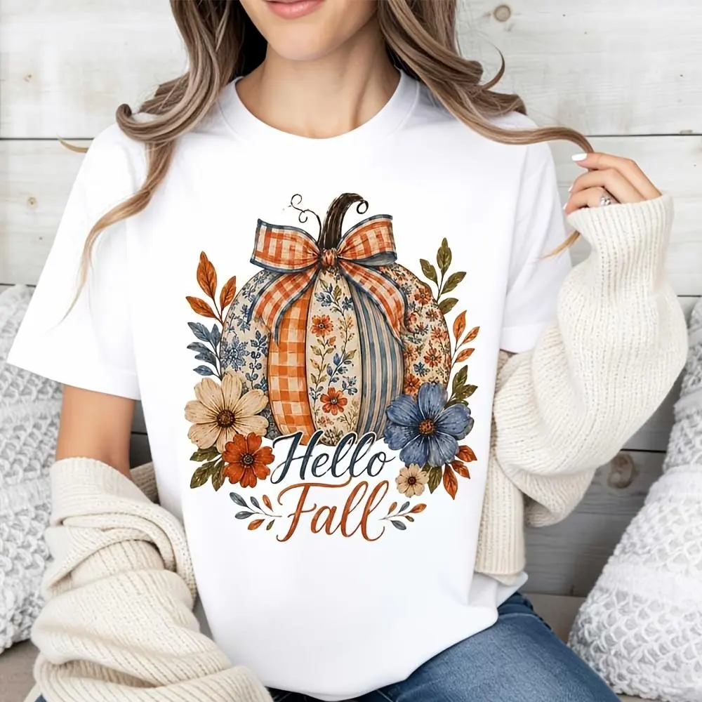 Hello Fall Floral Pumpkin Bow Print T-Shirt, Autumn Harvest Thanksgiving Festival Top, Casual Daily Wear Seasonal Outfit