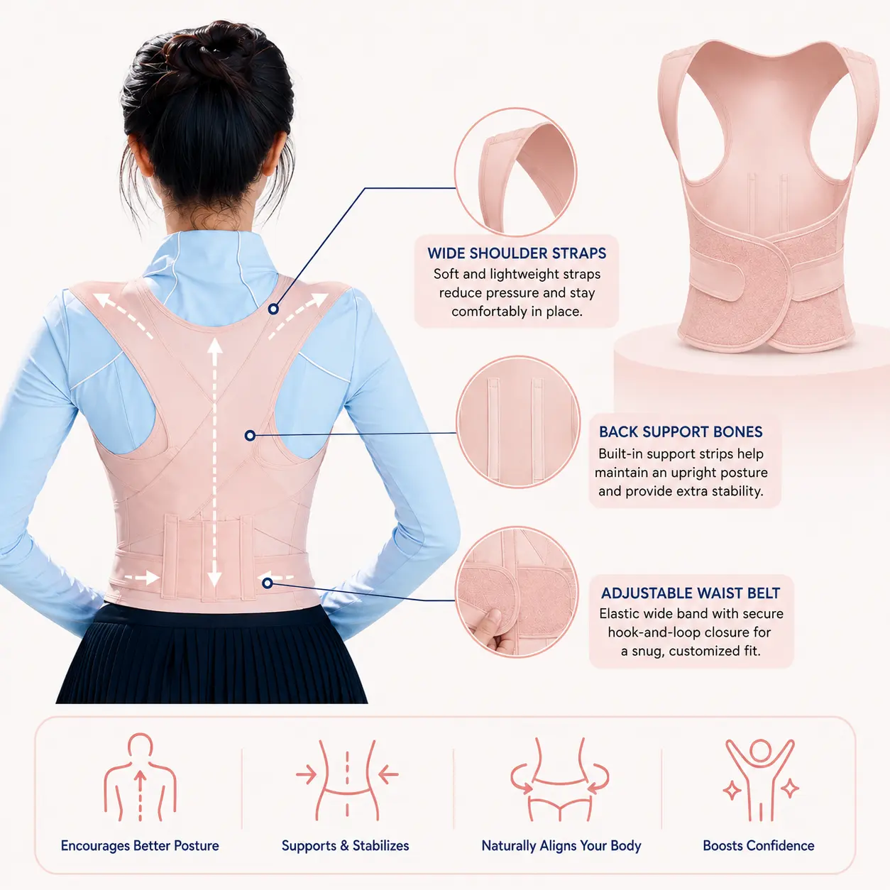 Women’s Posture Corrector Back Support Brace, Adjustable Shoulder & Back Straightener with Support Stays, Comfortable Posture Trainer for Daily Wear