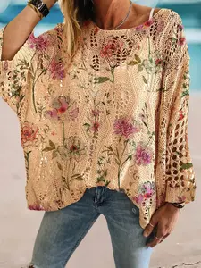Women's Boho Floral Knit Top, Loose-Fitting Batwing Sleeve, Geometric Tie-Dye Print, Summer Vacation Style, Casual Elegant Commute