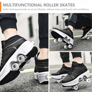 2-in-1 High Top Roller Skate Shoes for Men and Women - Black Microfiber Synthetic Faux Leather, Rubber Sole, Detachable Wheels, Double Row Sneakers with Wheels for Outdoor Activities, Roller Skates for Adults, Retractable, Roller Shoes, Mov