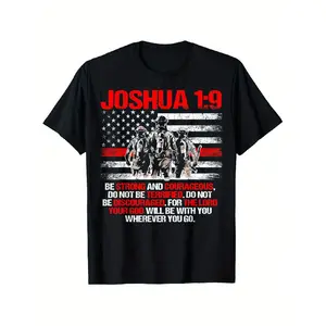 Thin Red Line Firefighter T-Shirt with Joshua 1:9 Bible Verse - Patriotic American Flag & Firefighter Silhouette Design, 100% Cotton Unisex Tee for Men & Women, All-Season Comfort, Sizes S-XXXL, Motivational Clothing |   Bold Graphic Print |   Durable Pri