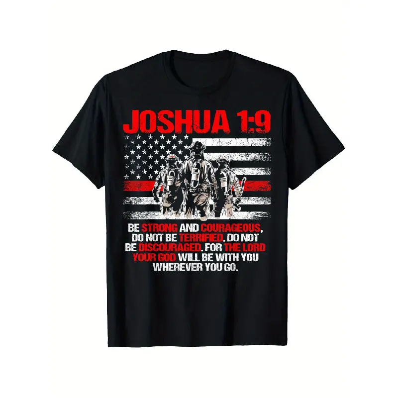 Men's Vintage Firefighter Graphic T-Shirt, 100% Cotton Shortsleeve Round Neck Tee with Thin Red Line American Flag & Joshua 1:9 Verse, Menswear